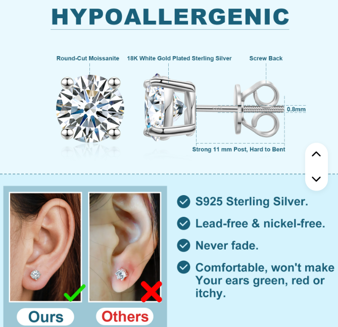 3mm-10mm VVS Moissanite Stud Earrings – 925 Sterling Silver (Unisex)