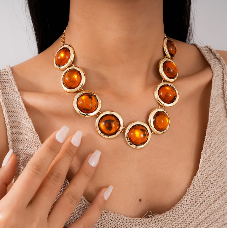 Resin Round Jewelry Set – Gold Plated Necklace & Bracelet for Women