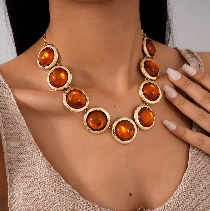 Resin Round Jewelry Set – Gold Plated Necklace & Bracelet for Women
