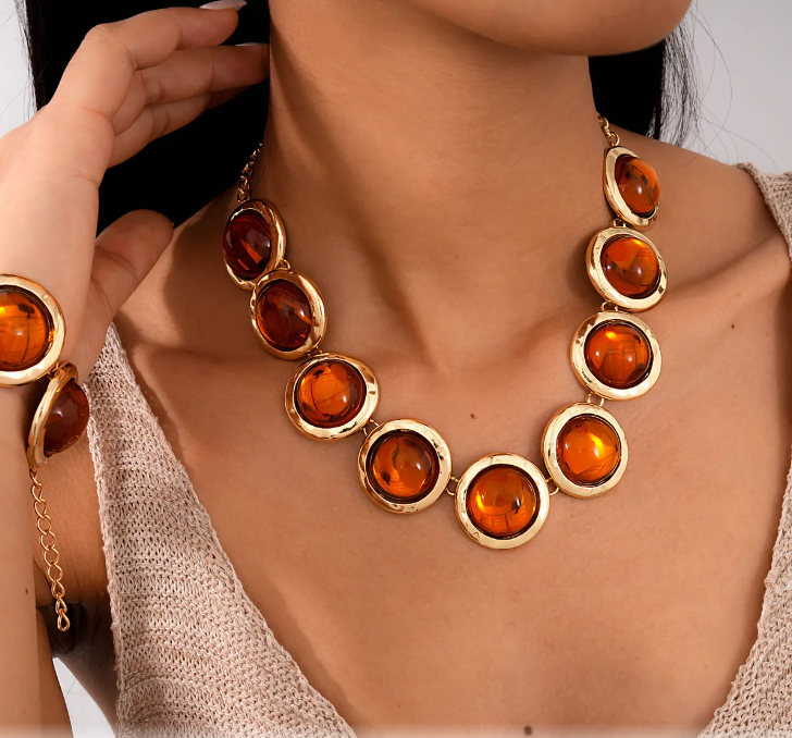 Resin Round Jewelry Set – Gold Plated Necklace & Bracelet for Women