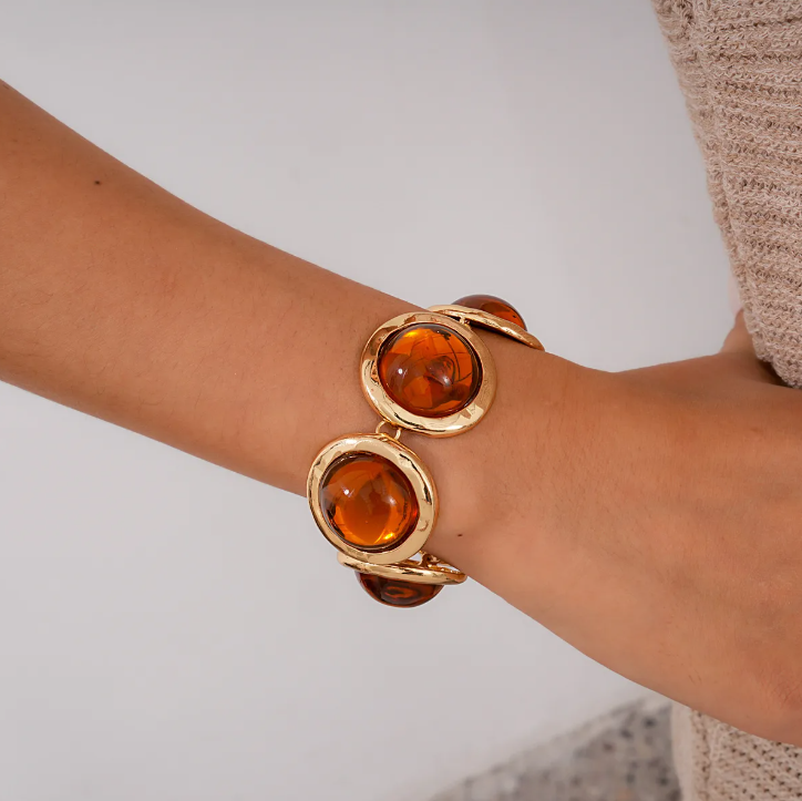 Resin Round Jewelry Set – Gold Plated Necklace & Bracelet for Women