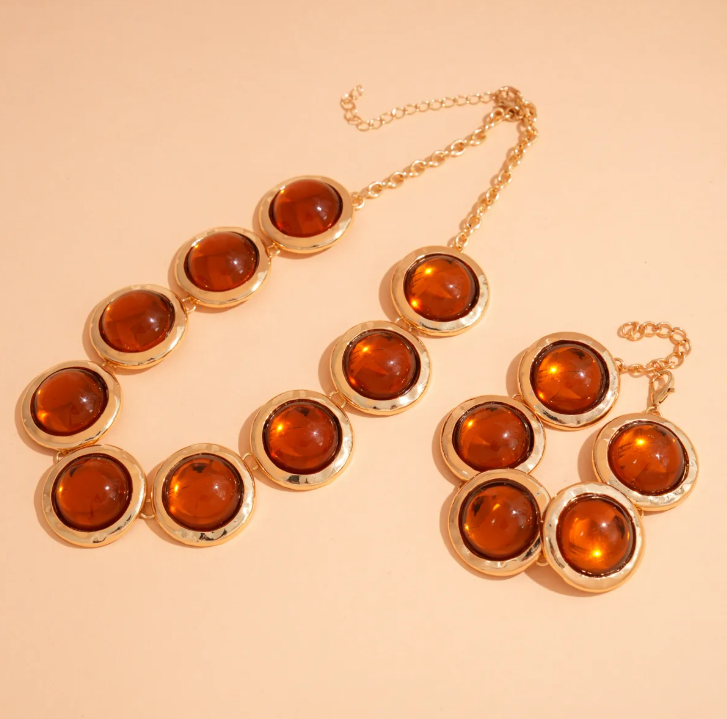 Resin Round Jewelry Set – Gold Plated Necklace & Bracelet for Women