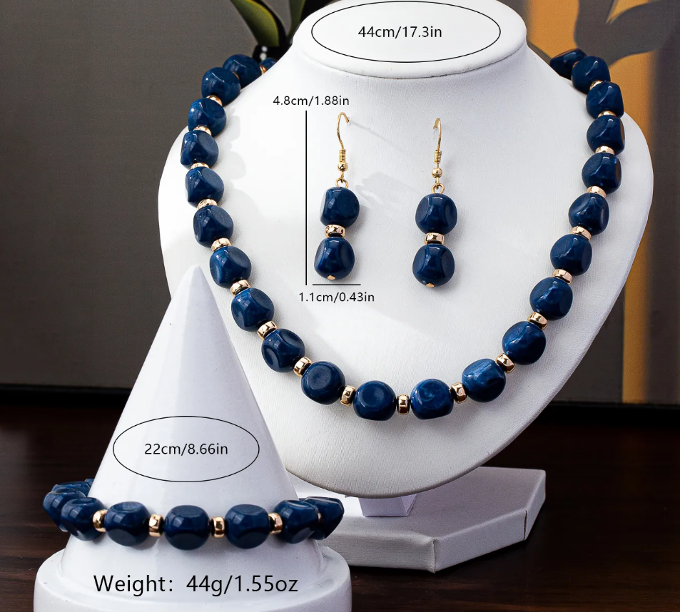 Nordic Style Beaded Acrylic Jewelry – Blue Earrings, Bracelet, Necklace & 3-Piece Set