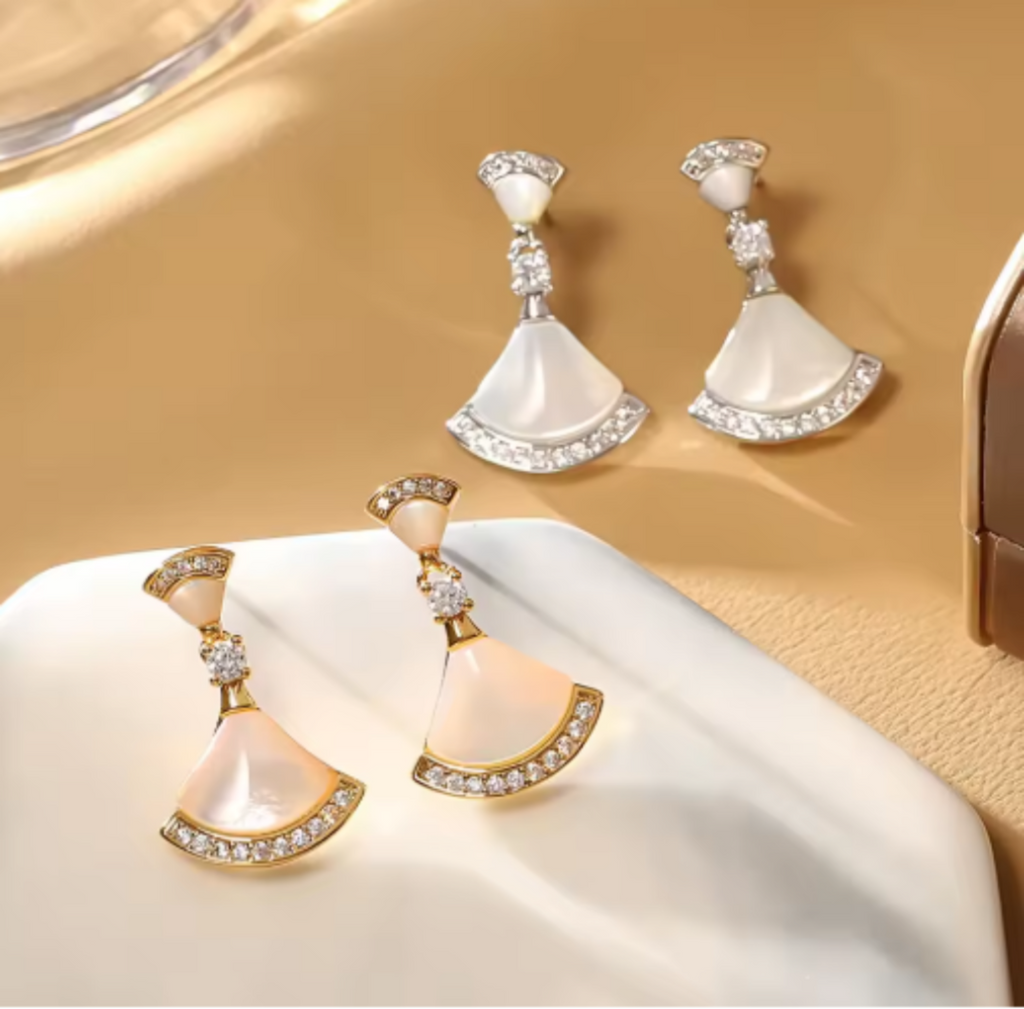 Elegant Mother-of-Pearl Fan-Shaped Zircon Stud Earrings – Luxury S925 Silver Needle Jewelry