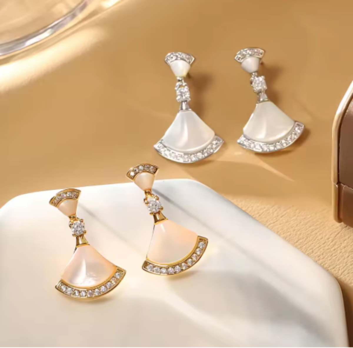Elegant Mother-of-Pearl Fan-Shaped Zircon Stud Earrings – Luxury S925 Silver Needle Jewelry