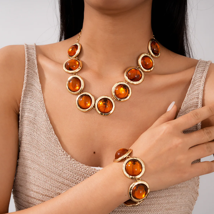 Resin Round Jewelry Set – Gold Plated Necklace & Bracelet for Women
