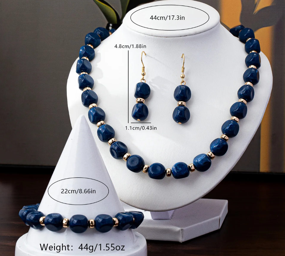Nordic Style Beaded Acrylic Jewelry – Blue Earrings, Bracelet, Necklace & 3-Piece Set